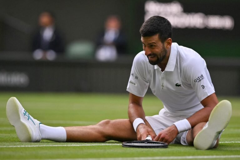 Novak Đoković slavi poen u meču protiv De Minora na Vimbldonu 2025, tokom puta ka četvrtfinalu.