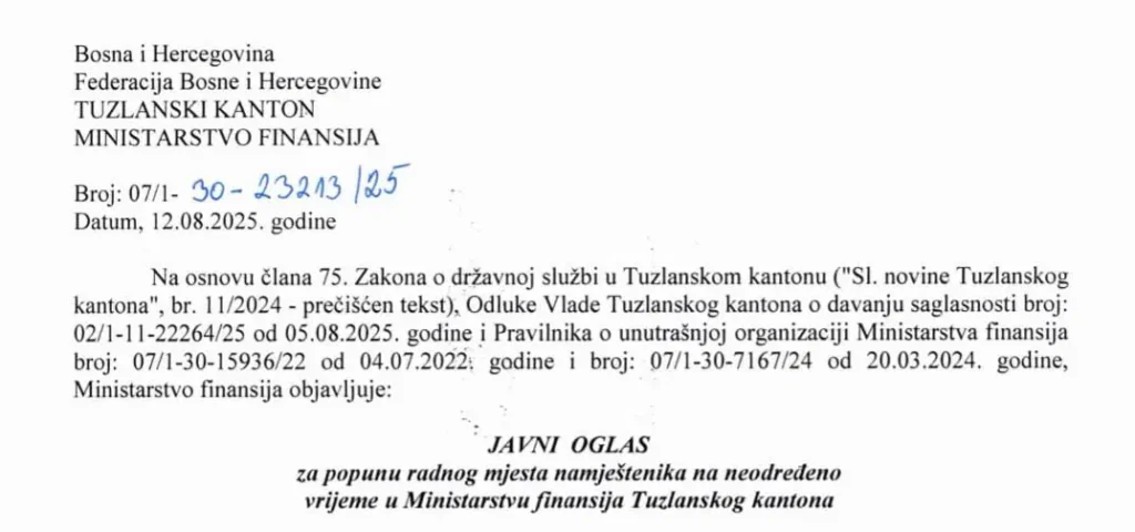 Otvorena pozicija u Ministarstvu finansija TK