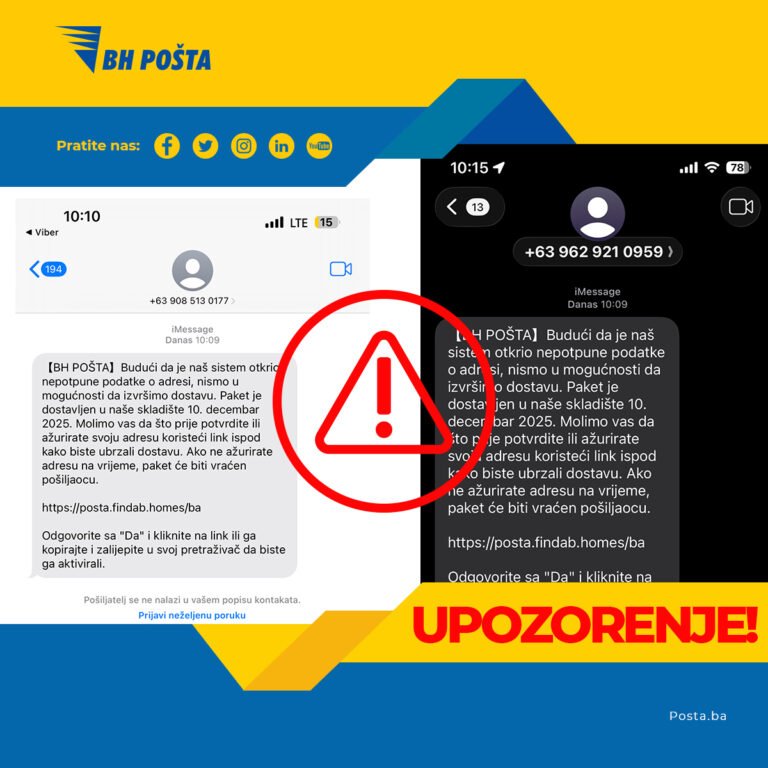 Pojavile se nove lažne SMS poruke u ime BH Pošte, građanima upućeno upozorenje